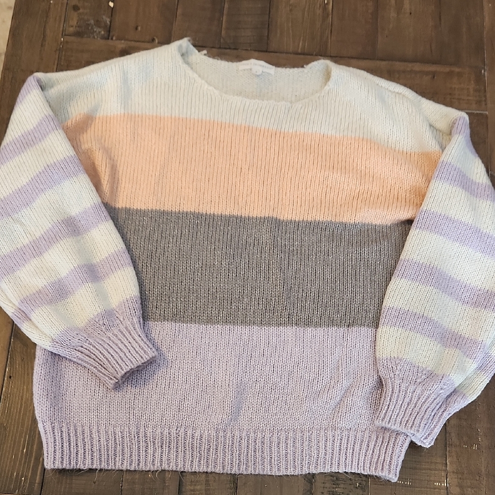Elegant Striped Sweater in Cream, Gray, and Purple